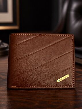 Men’s Dark Brown Premium Leather Bifold RFID Blocking Etched Design Wallet NWT